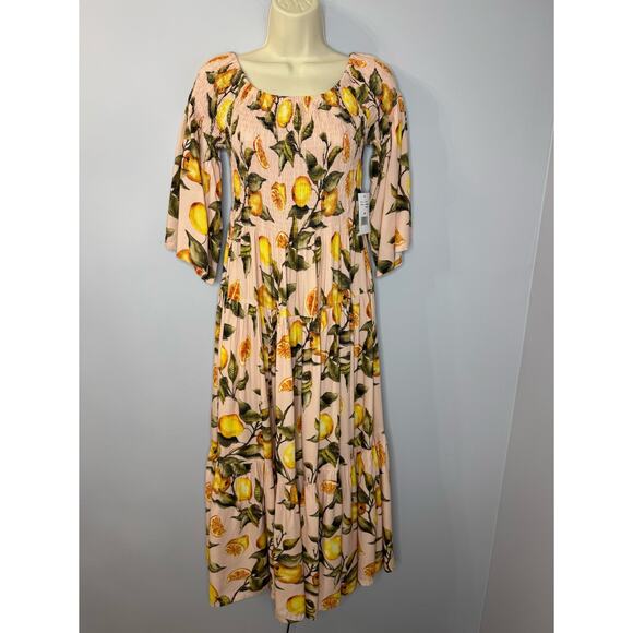 Alexia Admor Amabella Smocked Off-the-Shoulder Madi Dress Lemon Print M - Picture 2 of 14